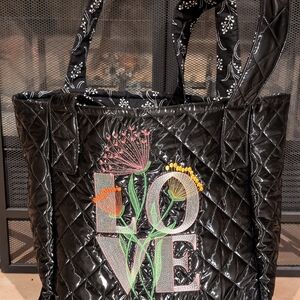 Black Quilted Tote Bag with Floral Embroidery